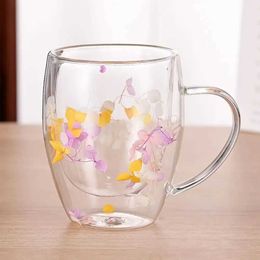 Tumblers 1pc 350ml Dried Flower Double Wall Clear Glass Coffee Mugs Insulated Cup For Hot Cold Beverages Latte Espresso H240506