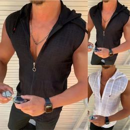sleeveless mens Tshirt summer beach sunblock hoodie zipper top vest loose camouflage fashion S2XXL 240416