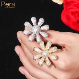 Wedding Rings Pera Romantic Big Sun Flower Shape Yellow Gold Color Micro Pave Cubic Zirconia Engagement Prom Party Finger For Women R097