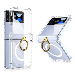 Cases For Samsung Galaxy Z Flip 5 4 3 Magsafe Magnetic Wireless Charging Case Transparent Ring Holder Folding Hinge Shockproof Cover