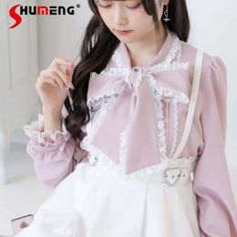 Women's Blouses Cute Japanese Style Sweet Lace Blouse 2024 Lolita Doll All-Matching Bowknot Long Sleeve Shirts For Women Fashion