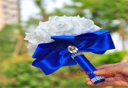 Bride Bouquet Wedding Bouquet Elegant Rose Artificial Bridal Flowers Crystal Royal Blue Silk Ribbon New Buque De Noiva 7 Colours YY4960311