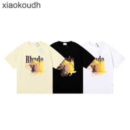 Rhude High end designer clothes for Beautiful and trendy gradient printed pure cotton short sleeved Tshirt versatile for men and women short sleeved for couples