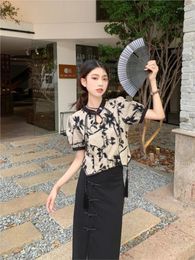 Work Dresses 2024 Summer Women Chinese Style Sets Vintage Short Sleeve Print Blouse High Waist Split Midi Skirts 2 Pieces Suits Casual
