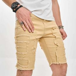 Men's Jeans Summer new open front patchwork mens slim fit denim shorts street style straight mens jeans five point pantsL2405