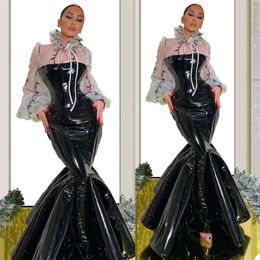 High-Neck Dresses Sheer Leather Evening Designer Modern Long Sleeves Pageant Gown Black Sweep Train Mermaid Custom Made Prom Dress