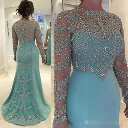 Of Blue Beaded Appliqued Bride Dresses Mother's Long Sleeves Illusion Jewel Neck Mermaid Sweep Train Custom Made Evening Gown