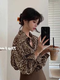 Women's T-Shirt HOUZHOU Korean Style Leopard Print Blouses Womens Street Clothing Fashion Animal Long sleeved Top Large Retro Loose Casual ShirtL2405