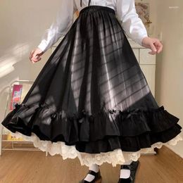Skirts Women's Japanese Ruffles Pleated Skirt High Waist Loose Ankle-length College Style Black Patchwork A-line