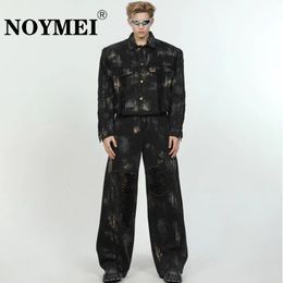 NOYMEI Two Pieces Set Mens Fashionable Denim Printing Jacket Spring Niche Vintage Hole Design Straight Jean Y2K WA3873 240426