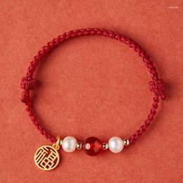 Charm Bracelets Hand Braided Agates Pearl With Fu Blessing Lucky For Women Length Adjustable Red Rope Bangles Jewellery