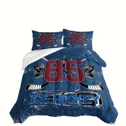 Duvet Cover 3pcs Modern Fashion Polyester Set (1*Comforter + 2*Pillowcase, Without Core), Sports Theme Ice Hockey Print Bedding Set, Soft Comfortable And Skin-friendly