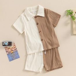 Clothing Sets FOCUSNORM 1-6Y Casual Kids Boys Summer Clothes Short Sleeve Patchwork Textured Buttons Shirts Elastic Waist Shorts
