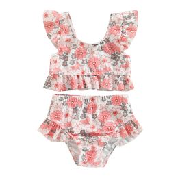 Swimwear 03Years Baby Girls Bikini Set Bull Head Print Fly Sleeve Vest with Elastic Waist Briefs Bathing Swimsuit for Summer Beach