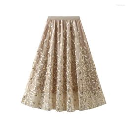 Skirts Purchase Fashionable Sequin Leaf Embroidered Long Skirt With A-line Drape And Large Mesh Versatile Fairy