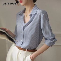 T-Shirt Korean Style Office Lady Blue Striped 2022 Spring Summer Fashion Allmatch Blouse Long Sleeve Turndown Collar Loose Casual Shirt