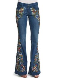 Women's Pants Capris Strtwear Jeans Long Pants Denim Jeans For Women Embroidery Destoryed Flare Jeans Button Waist Bell Bottom Denim Pants Y240504