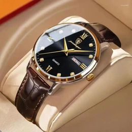 Wristwatches POEDAGAR-Men's Leather Quartz Watch With Box Wrist Sports Clock Waterproof Top Male