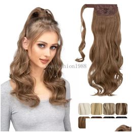 Chignons 18 Ponytail Extension Brown Pony Tail Wrap Around Clip In Hair Extensions Curly Wavy Synthetic High Resistant Fiber Fake Ha Dhwfe