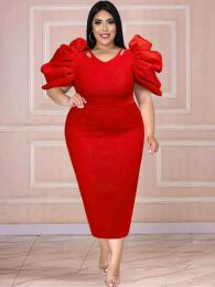 Dresses Plus Size 4XL Red Party Dresses Women Pleated Short Sleeves Midi Stylish High Waist African Evening Night Out Event Female Robes
