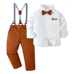 Clothing Sets Boy Wedding Set Solid Cotton Shirt With Pants Kid Suspender Suit 1 2 3 4 5 6Years Fall Birthday Costume Gentleman Child