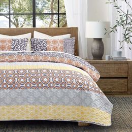 Duvet Cover DURLENGEN Quilt Set 3Pcs, Colorful Boho Design with Yellow Bohemian Striped Pattern, All Season Lightweight Coverlet Sets