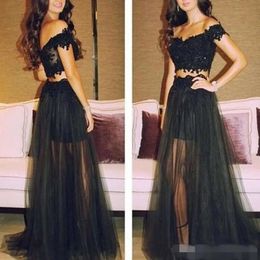Prom Dresses Two Piece Black Lace Applique Off The Shoulder Short Sleeves Tulle Illusion Custom Made Formal Ocn Wear Evening Party Gown