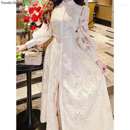 Casual Dresses Trendio Summer Female Lace Embroidery For Women Lapel Puff Sleeve Hollow Out High Waist Solid A Line Elegant Dress