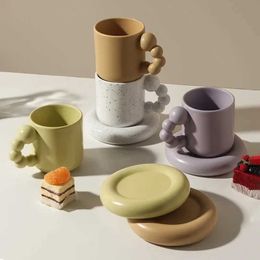 Tumblers Ceramic Creative Coffee Cup with tray Nordic Home Decor Handmade Art Tea Mug Tray Personalised Gifts H240506