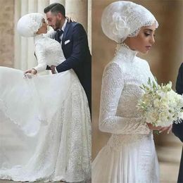 Ślub długie rękawy z muzułmańskimi sukienkami 2021 suknie ślubne koronki szyfonowy wysoki szyi pociąg na zamówienie na plaży plażowe vestido de novia