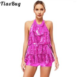 Stage Wear Womens Sequins Dance Leotard Dress Latin Jazz Costume Layered Ruffles Rompers Jumpsuits Salsa Samba Rumba Shorty Unitard