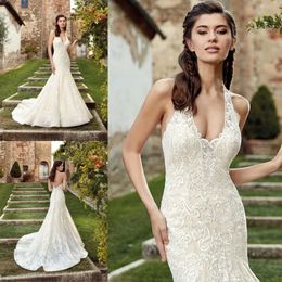 Trumpet Dresses Neck Applique Arrival Halter New Lace Bridal Gowns Backless Sweep Train Garden Wedding Dress