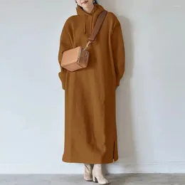 Casual Dresses Women Sweatshirt Dress Drawstring Long Sleeve Side Split Hem Pullover Thickened Fleece Lining Hooded Maxi