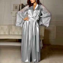 Women's Sleep Lounge Womens satin long evening gown soft silk bathrobe solid color lace evening gown womens pajamas womens sexy evening gownL2405