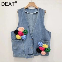 Women's Vests Floral Design Denim Vest Top For Women 2024 Summer Fashion Solid Color Loose Casual Sleeveless Coat Female 29L7477