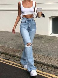 Women's Pants Capris Blue Skinny Jeans Ripped Women Denim Trousers Strtwear Distressed Capris Bell Bottom Jeans High Waist Woman Y2k Flare Pants Y240504