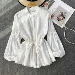 Women's Blouses Spring Autumn Sweet Vintage Blusas Mujer Stand Neck Lantern Sleeve Hollow Out Shirts Single-breasted Drawstring Slim