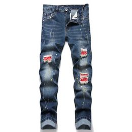 Men's Jeans Casual Brand Fashion Mens Jeans Stretch Kn Hole Patch Long Pants Personality Point Paint Jeans For Men Blue Colour Trousers Y240507