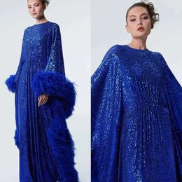 Jewel Prom Glamorous Mermaid Pleats Dresses Sequined Loose Large Sleeves Feathers Floor Length Custom Made Party Dress Plus Size Vestido De Noite