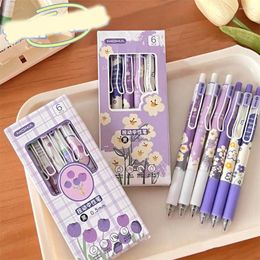 6PCS/Set Press Type Gel Pens High Quality Tulips 0.5mm Black Ink Ballpoint Pen With Clip Neutral School Office Supplies