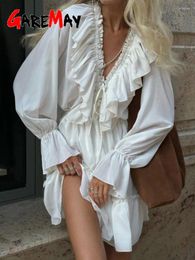 Casual Dresses Vintage Flare Long Sleeve Deep V Neck Women's Dress 2024 Spring Patchwork White Mini For Women Elegant Short