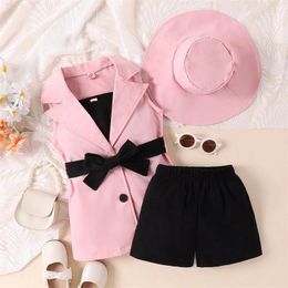 Clothing Sets 4PCS Toddler Baby Girl Lapel Sleeveless Button Vest Jacket Coat Halter Crop Top Shorts Hat Outfit