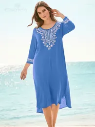 Elegant Embroidered Long Caftan Plus Size O-neck Blue Midi Dress Summer Clothes Women Beach Wear Swim Suit Cover Up Q1392