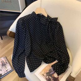 Women's Blouses Shirts Fresh Sweet Puff Sleeves Womens Japanese Style Unique and Elegant Bow Lace Casual Shirt 2024 New Vintage Dot Solid Loose ShirtL2405