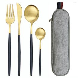 Dinnerware Sets 5pcs/set Set Black Gold Travel Camping Cutlery Reusable Silverware With Metal Knife Spoon Fork And Portable Case