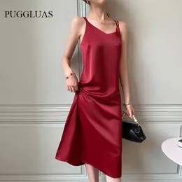 Casual Dresses Summer Spaghetti Strap Satin Dress Sexy Silk Loose Backless Cross Fashion Sleeveless Party Club Strappy Solid Long