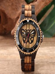 Wristwatches Vine Ebony Wood Watches Men Butterfly Dial Three-bead Gold Analogue Precise Quartz Full Wooden Band Top Luxury ClockWristwatch7724348