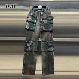 Women's Jeans VGH Hit Color Patchwork Button For Women High Waist Spliced Pockets Streetwear Caro Pants Denim Female Fashion