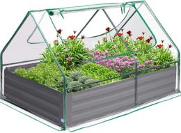 Quictent Raised Garden Bed with Cover Outdoor Galvanised Steel Planter Box Kit with Greenhouse 2 Large Zipper Windows Dual Use 240506