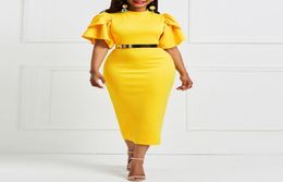 women office dress ladies yellow dress working girl ruffle zipper plus size evening summer bodycon midi dresses sheath slim1538937